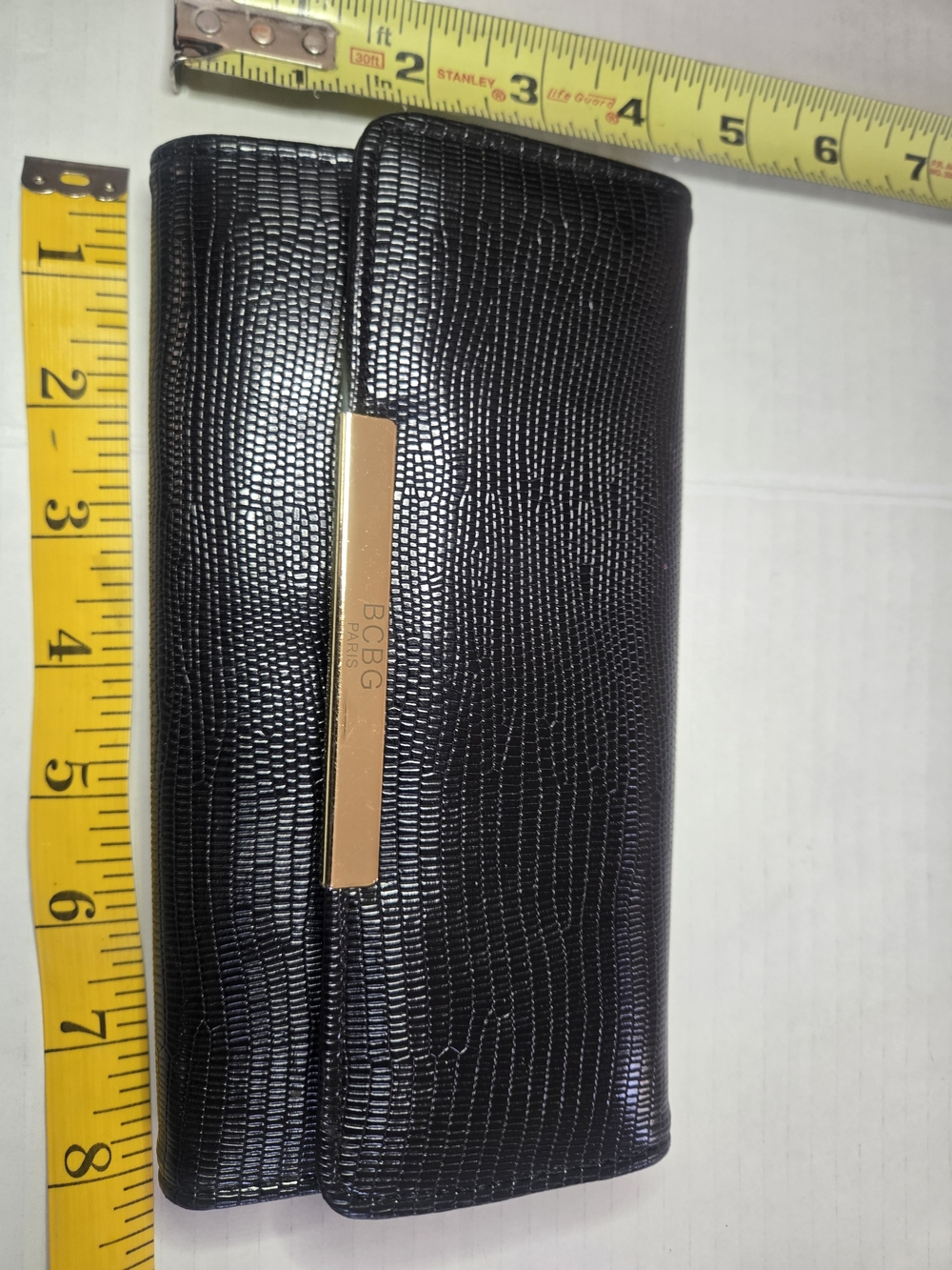 BCBG Black Textured Folded Wallet with Gold Plate